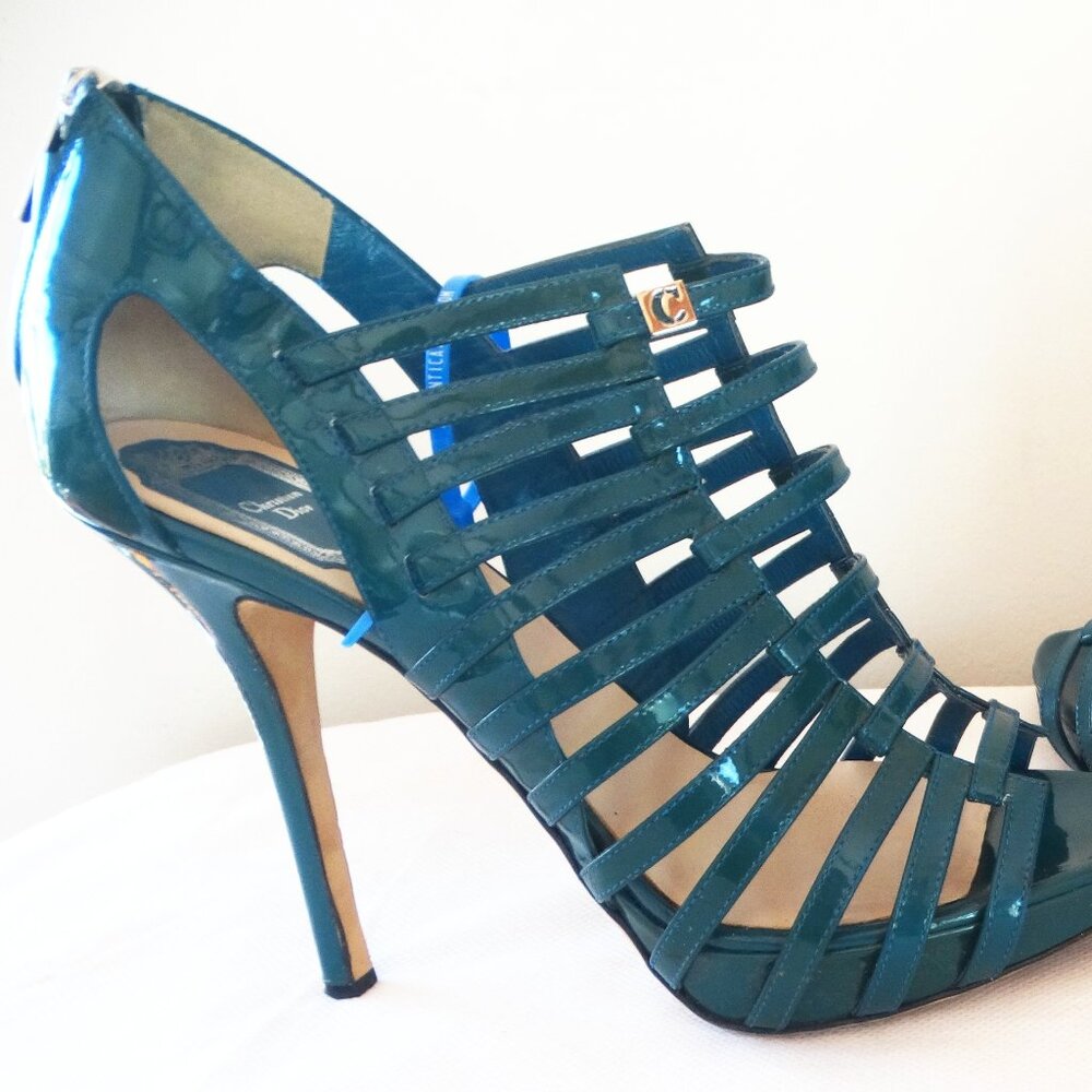 Christian DIOR 39/8.5 US, stiletto 4.5" heel ITALY cage Sandals Glossy Teal - Picture 2 of 13